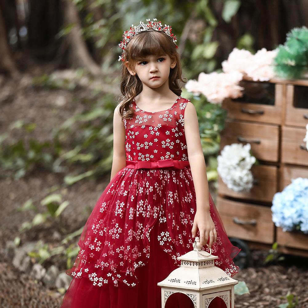 Весенне-летнее детское платье с цветочным принтом, тюлевое платье принцессы без рукавов с цветочным принтом для девочек, длинное детское свадебное платье с высокой талией