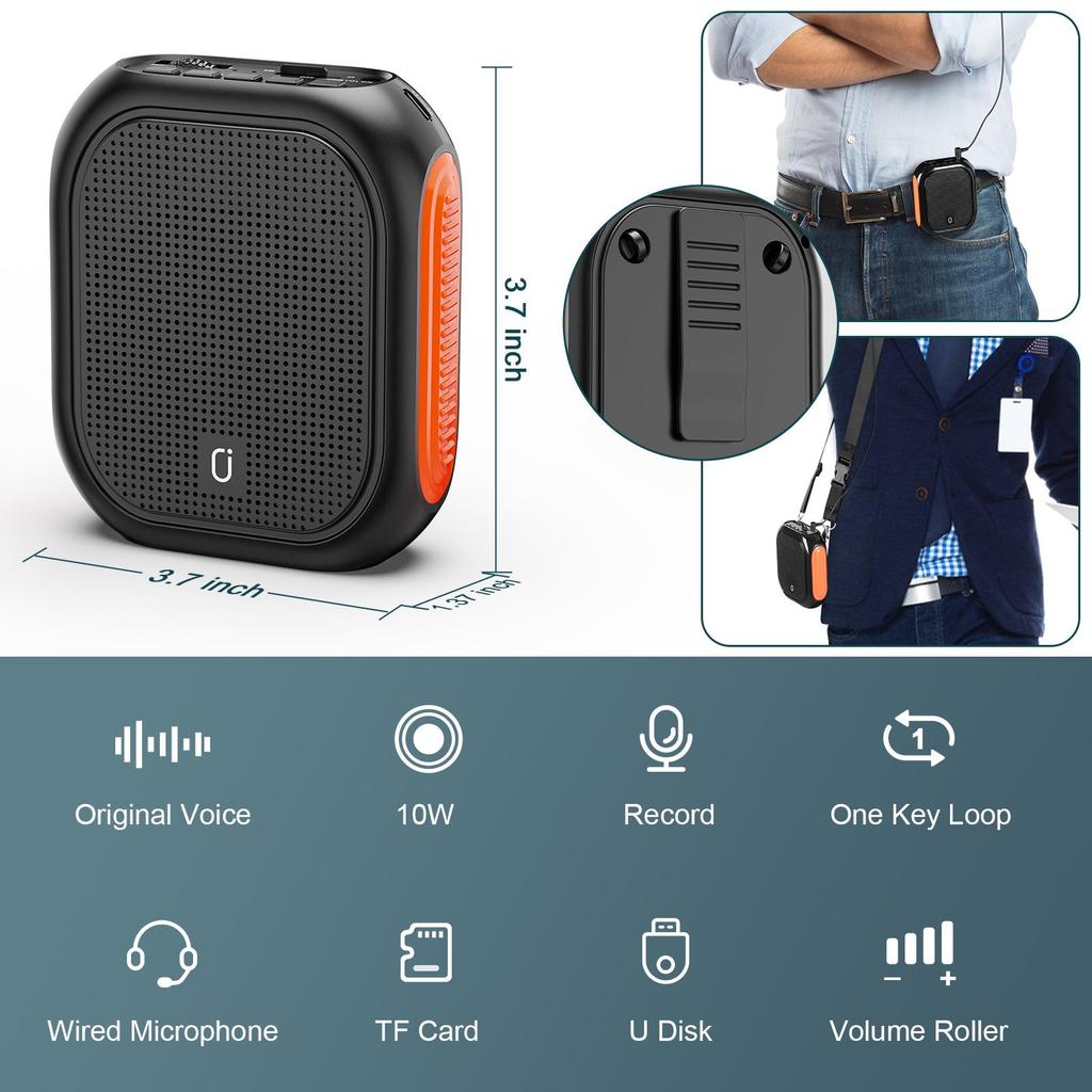 Voice Amplifier for Teacher with Wired Microphone Headset and Waistband, Rechargeable PA System MP3 Support, AUX In, REC for Teaching, Meeting