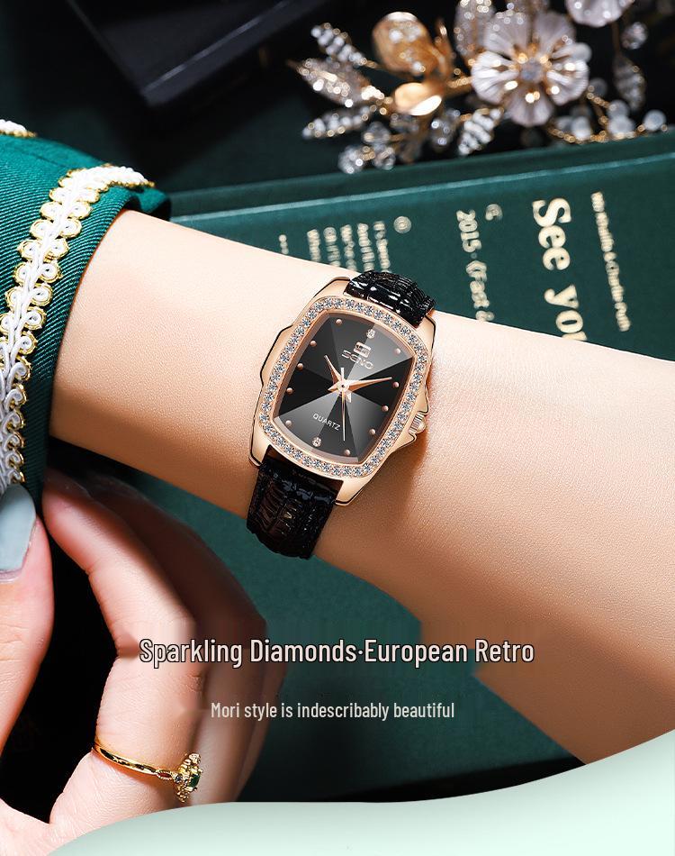 Женские часы SENO Retro Square Diamond с кожаным ремешком - Простой дизайн с кварцевым механизмом и бриллиантами.