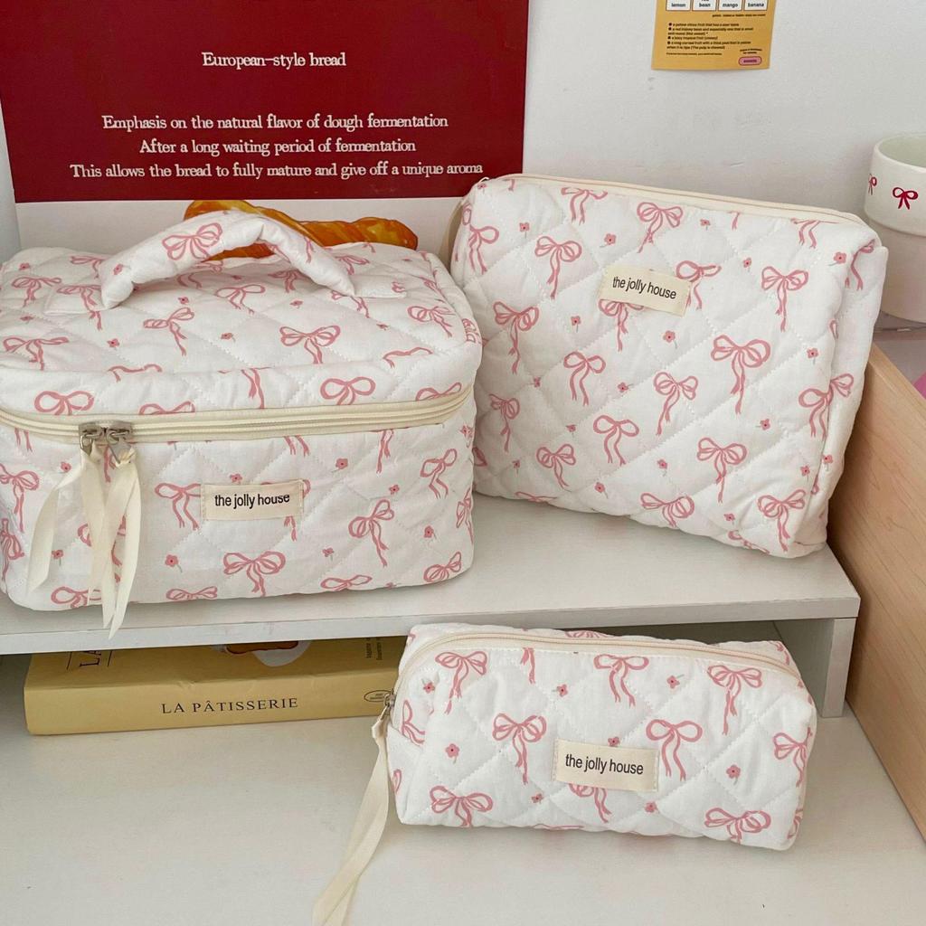 Косметичка с бантом в корейском стиле - вместительная дорожная косметичка для девочек