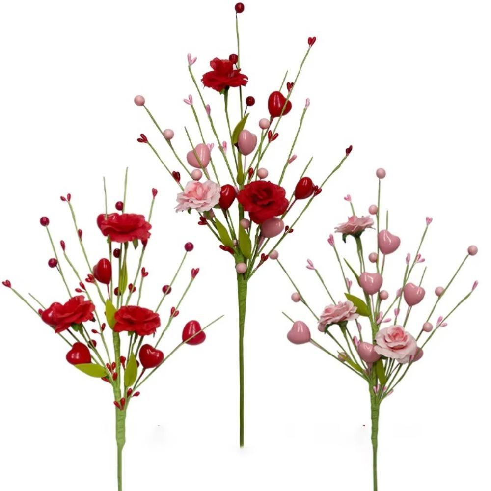 2pcs Red Pink Artificial Rose Heart Berry Branches Romantic Artificial Flower  Anniversary