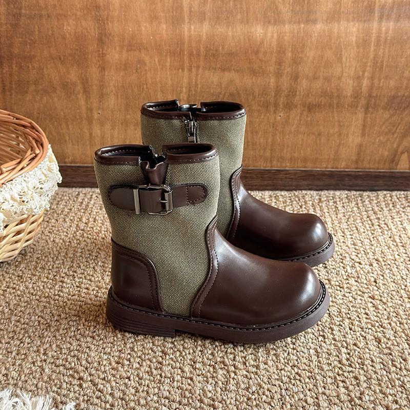 Girls Mid-Calf Martin Boots Retro British Style PU Leather Side Zip Fashion Ankle Winter