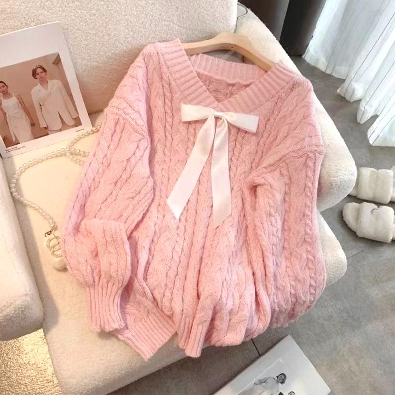 Winter Pink Kawaii Pullover Sweater Women Bow Loose Knitted Sweater Female Casual Korean Fashion Warm Sweet Sweater 2024 New