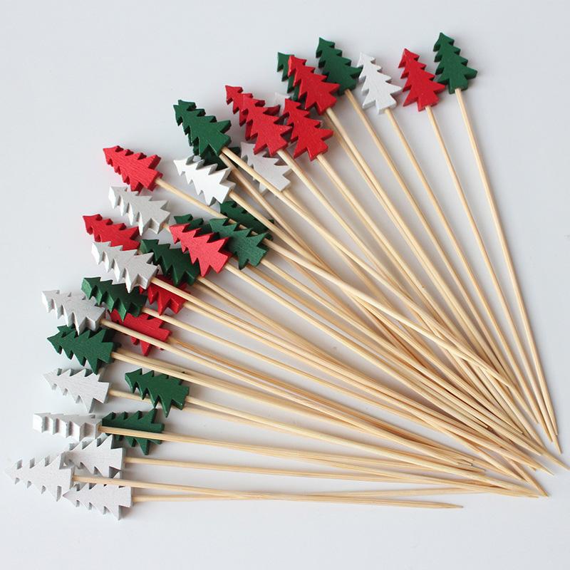 100Pcs/pack Christmas Fruit Skewers Disposable Bamboo Sticks for Fruit Dessert Cake Christmas Tree Bamboo Skewers Xmas Ornaments