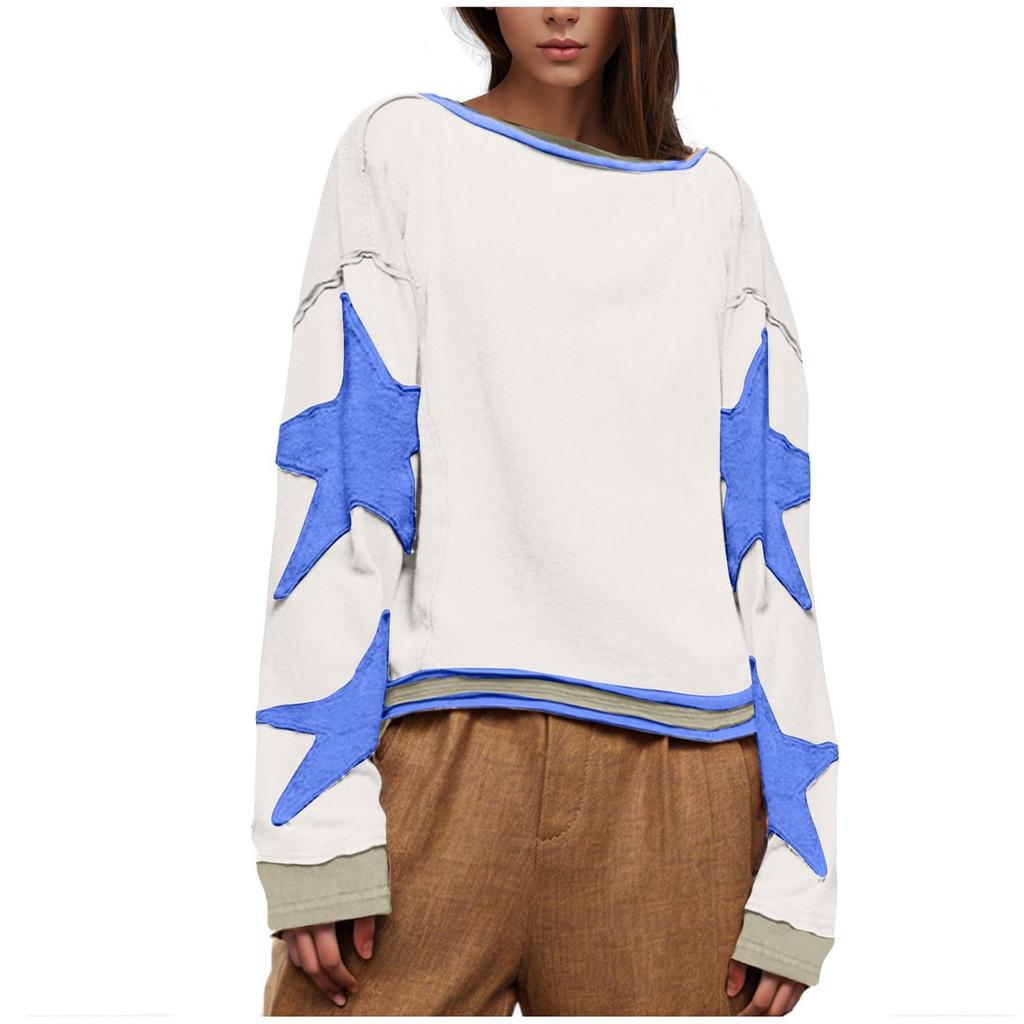 Womens Oversized Sweatshirt Graphic Sweater Long Sleeve Drop Shoulder Round Shirt Tops Vintage Clothes