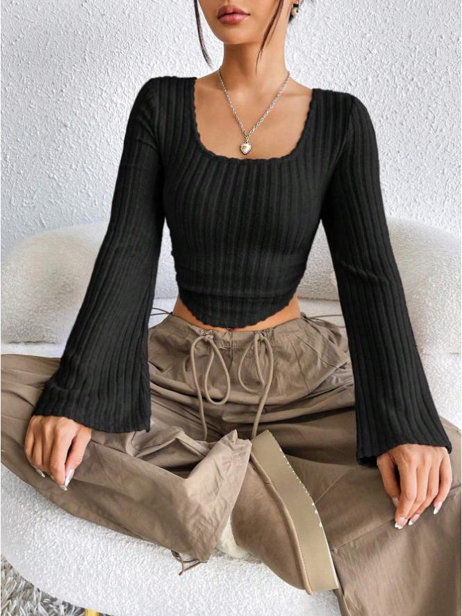 Женская футболка с квадратным вырезом, рубчик, расклешенная, с длинным рукавом, весна/лето 2024