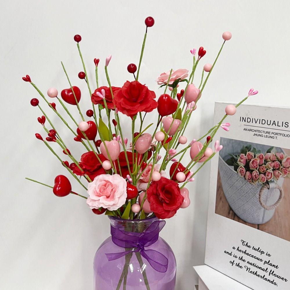 2pcs Red Pink Artificial Rose Heart Berry Branches Romantic Artificial Flower  Anniversary