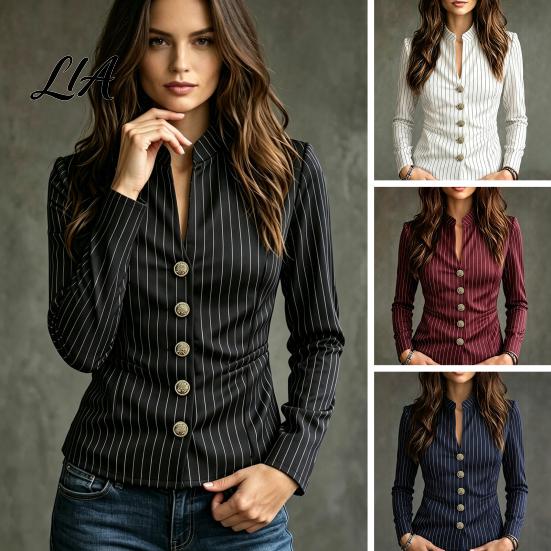Casual Suit Coat Women Stand Collar Striped Blazer, Slim Fit Single-Breasted Lady Blazer Blouse Top, Office Business Jacket Outerwear Slimming Waist