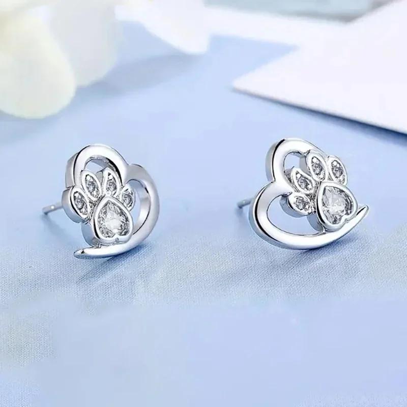 Sweet Shiny White CZ Heart Pierced Earrings for Girls Sterling Silver Cute Pet Paw Prints Jewelry Daily Party Jewelry