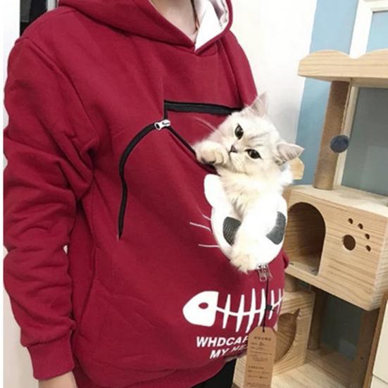 Women Spring Hoodie with Cat Nest Cartoon Print Big Zipper Pocket Hooded Long Sleeves Keep Warm Pullover Elastic Cuff Lady Hoodie Women Garment