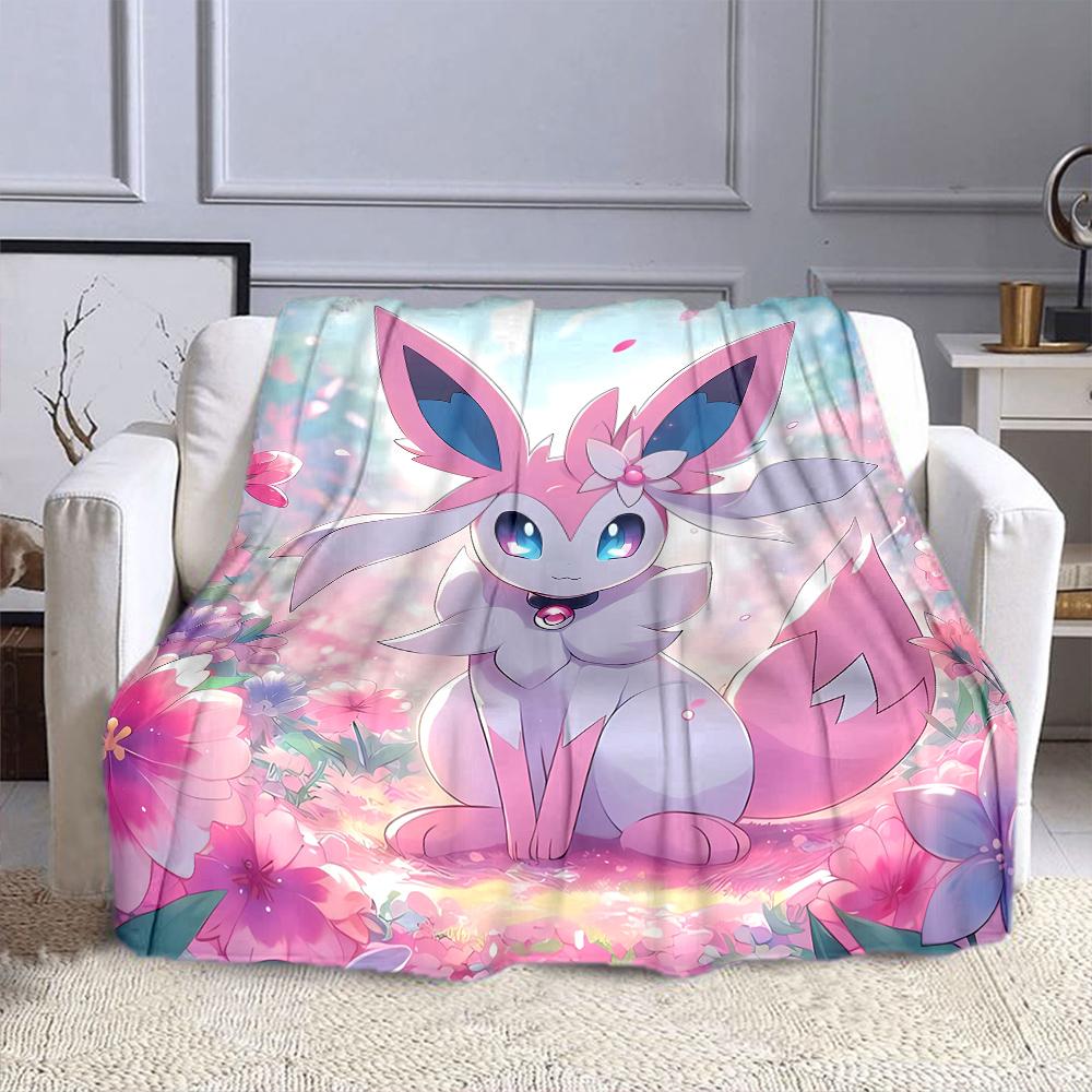 Cute Sylveon Eevee Pink Blanket for Couch or Bed - 3D Pattern Decor Blanket - Cozy Soft Fuzzy Blankets Suitable for All Seasons