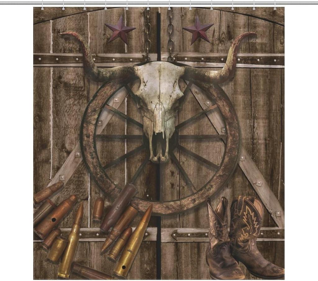 Western Shower Curtains for Bathroom, Cowboy Cartoon Decor Pattern Print Bath Drapes Set with Hooks, Waterproof Fabric Windows