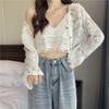 Spring Summer Women's Suit Suspender Vest + V-neck Crochet Openwork Lace Long Sleeve Cardigan Sun Protection Clothing Two-piece Suit