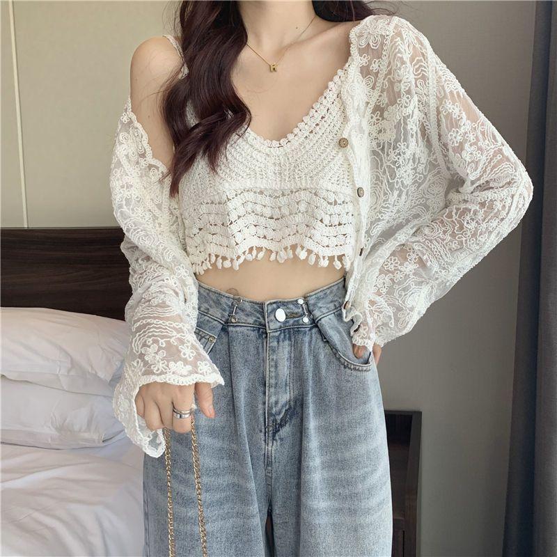 Spring Summer Women's Suit Suspender Vest + V-neck Crochet Openwork Lace Long Sleeve Cardigan Sun Protection Clothing Two-piece Suit