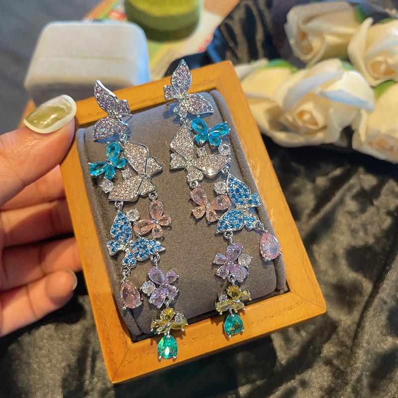 Fairy Air Disc, Love Flower Flower Butterfly Long Earrings, Colored Zircon Exaggerated Atmosphere, Heavy Industry Trend