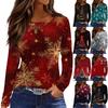 Женская модная повседневная футболка с разрезом по низу, круглым вырезом, длинными рукавами, свободного кроя, с рождественским принтом, женский топ
