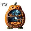 Jack-o'-lantern Table Decorations Halloween Centerpiece Pumpkin, Wooden Pumpkin Ornament with Miniature Scenes, Rustic Decorative Skeleton Ornaments
