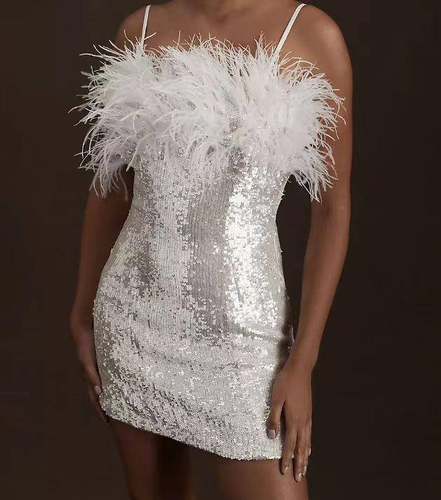 1011 new party dress artificial fur splicing sequins one-word collar slim-fitting sexy tube top dress