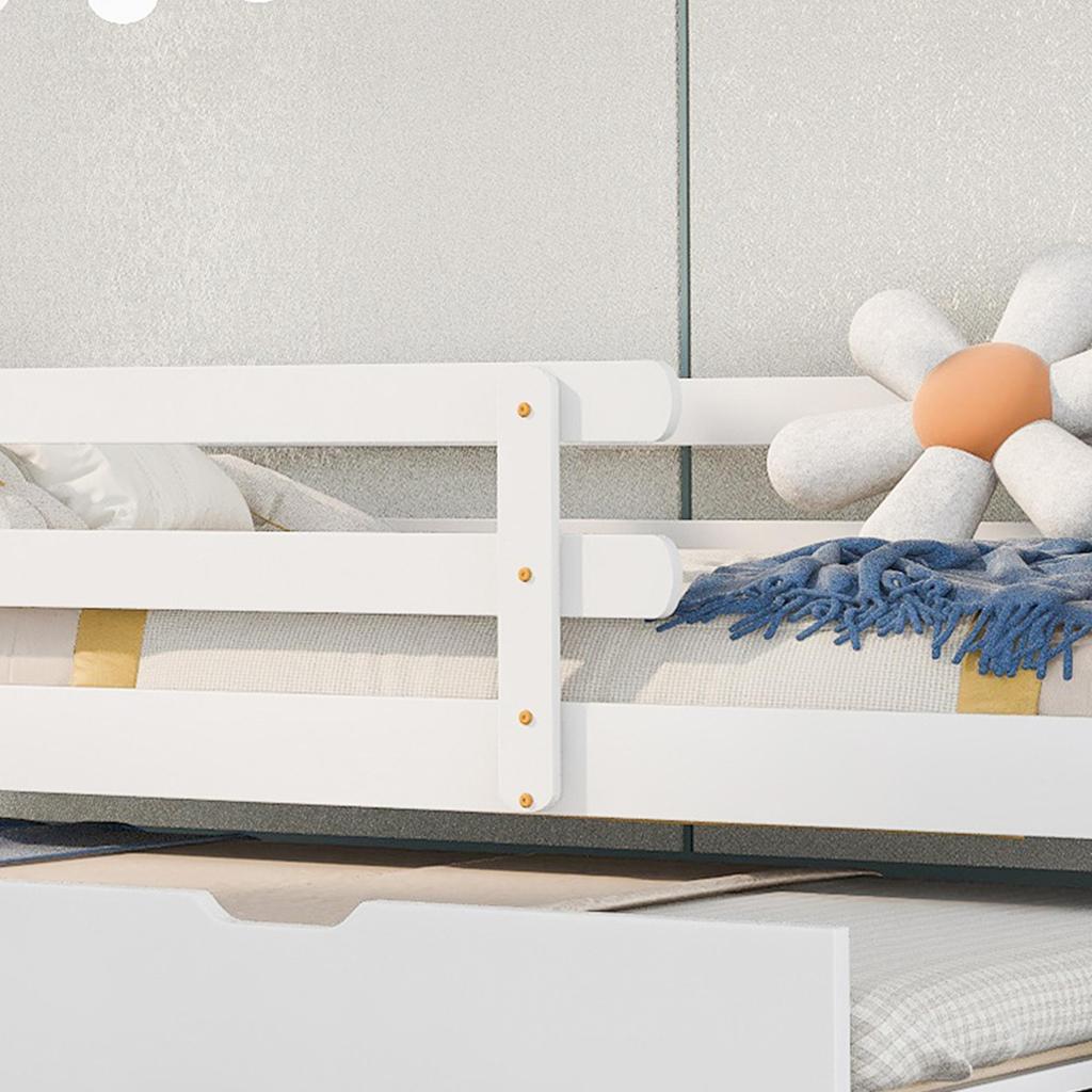 Children's Bed Fliek House Bed 200x90cm with Fall Protection and Slatted Frame, Daybed with Rollers Underneath for Girls & Boys, White+Natural-colored