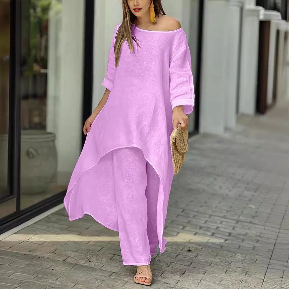 Cotton Linen Casual Woman Set With Irregular Long Sleeve Hoodie And Wide Leg Pants For Spring Fashion Comfort