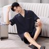Мужской летний хлопковый комплект пижамы черного цвета: Топ с коротким рукавом и лацканами и шорты, весенне-летний домашний или уличный комплект.