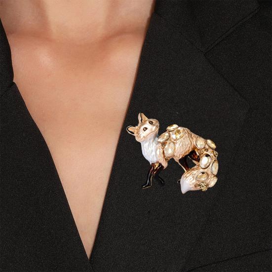 Vivid Fox Shape Brooch Shiny Rhinestones Pin Women Lovely Enamel Animal Party Casual Badge Clothes Accessories