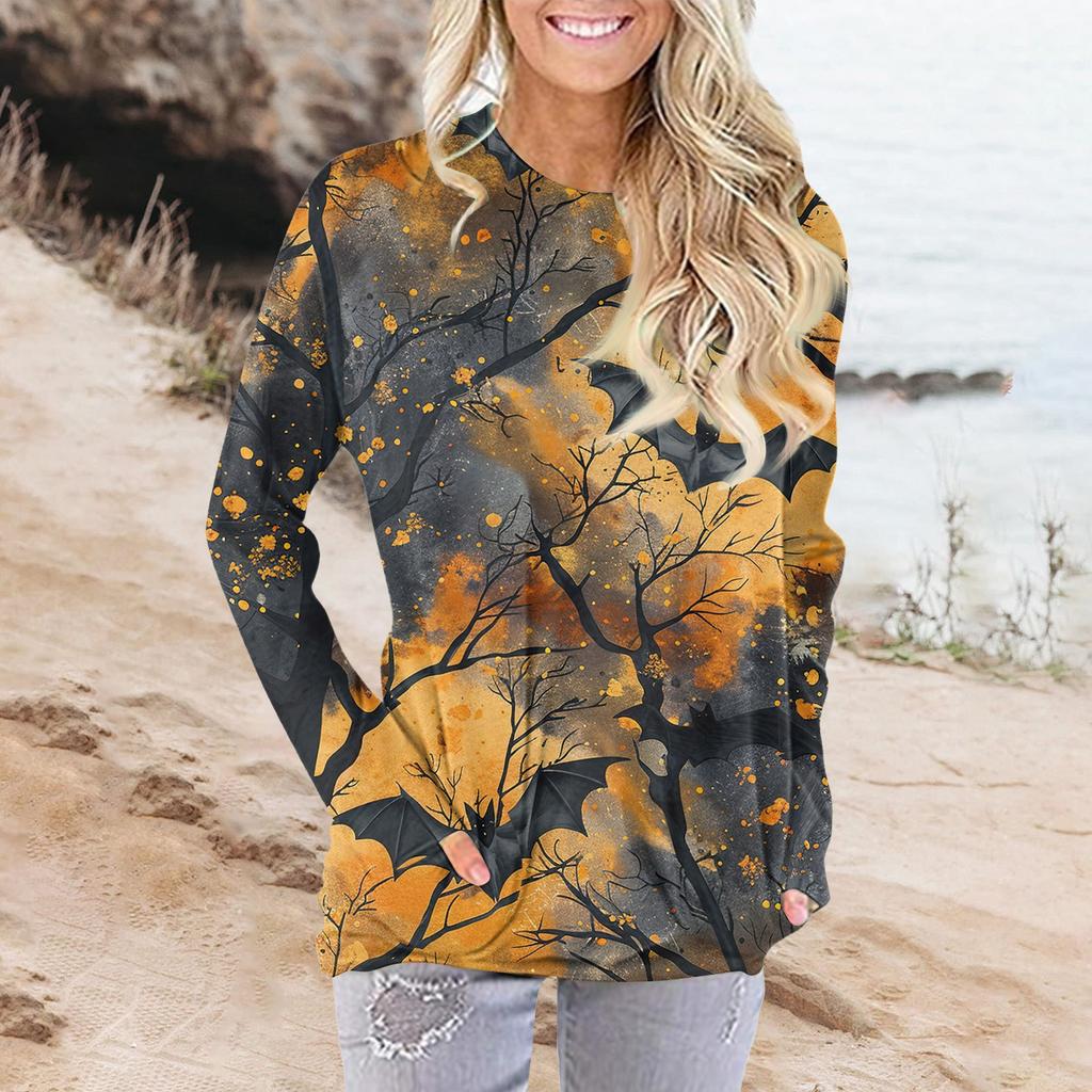 Женская модная повседневная футболка с круглым вырезом и принтом, длинными рукавами и карманами