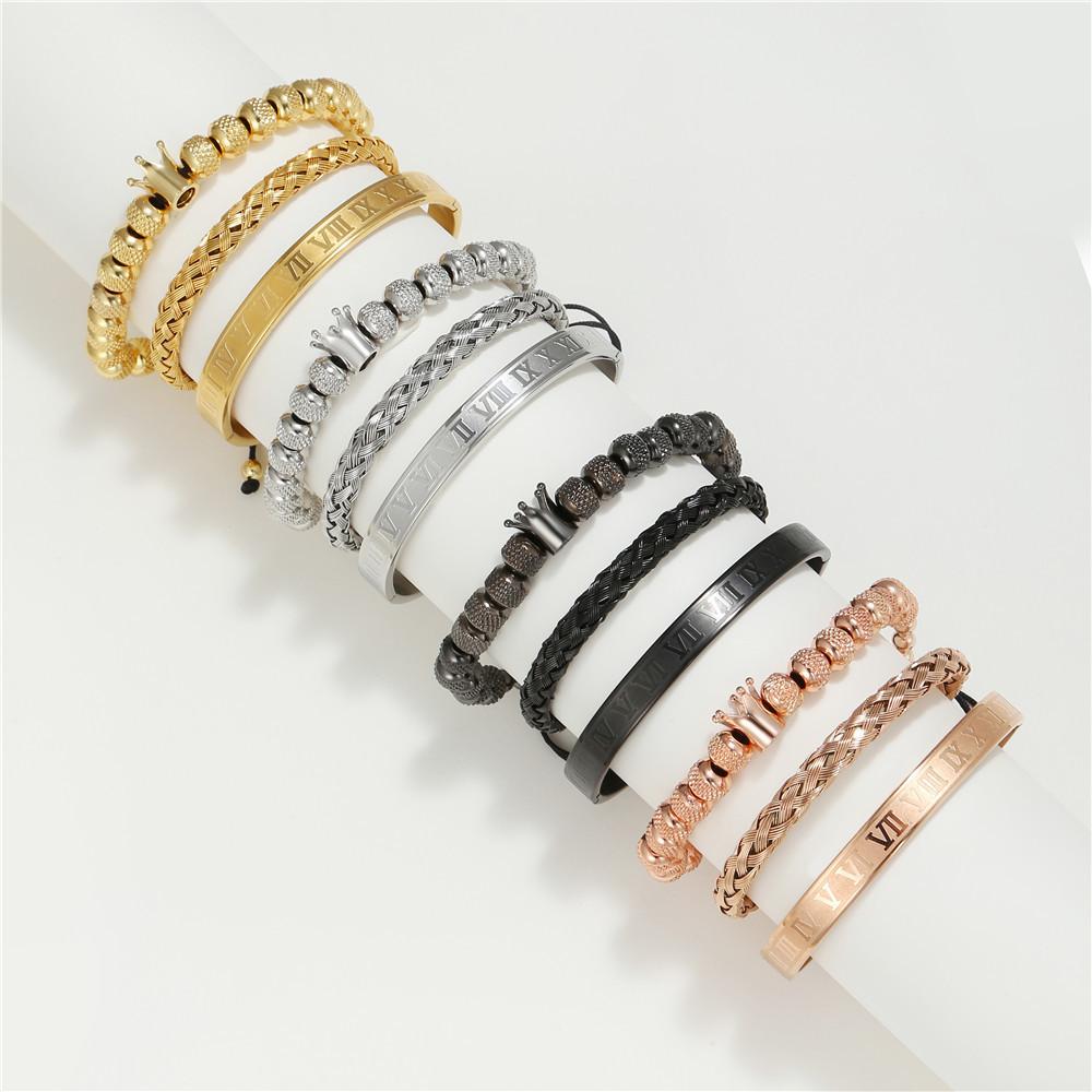 European and American retro crown woven bracelet, Roman letter stainless steel mesh open bracelet set three pieces men