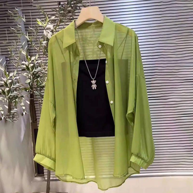 Летняя мода 2024 года Полупрозрачная рубашка средней длины из жемчужной пряжи - Легкая, универсальная защита от солнца