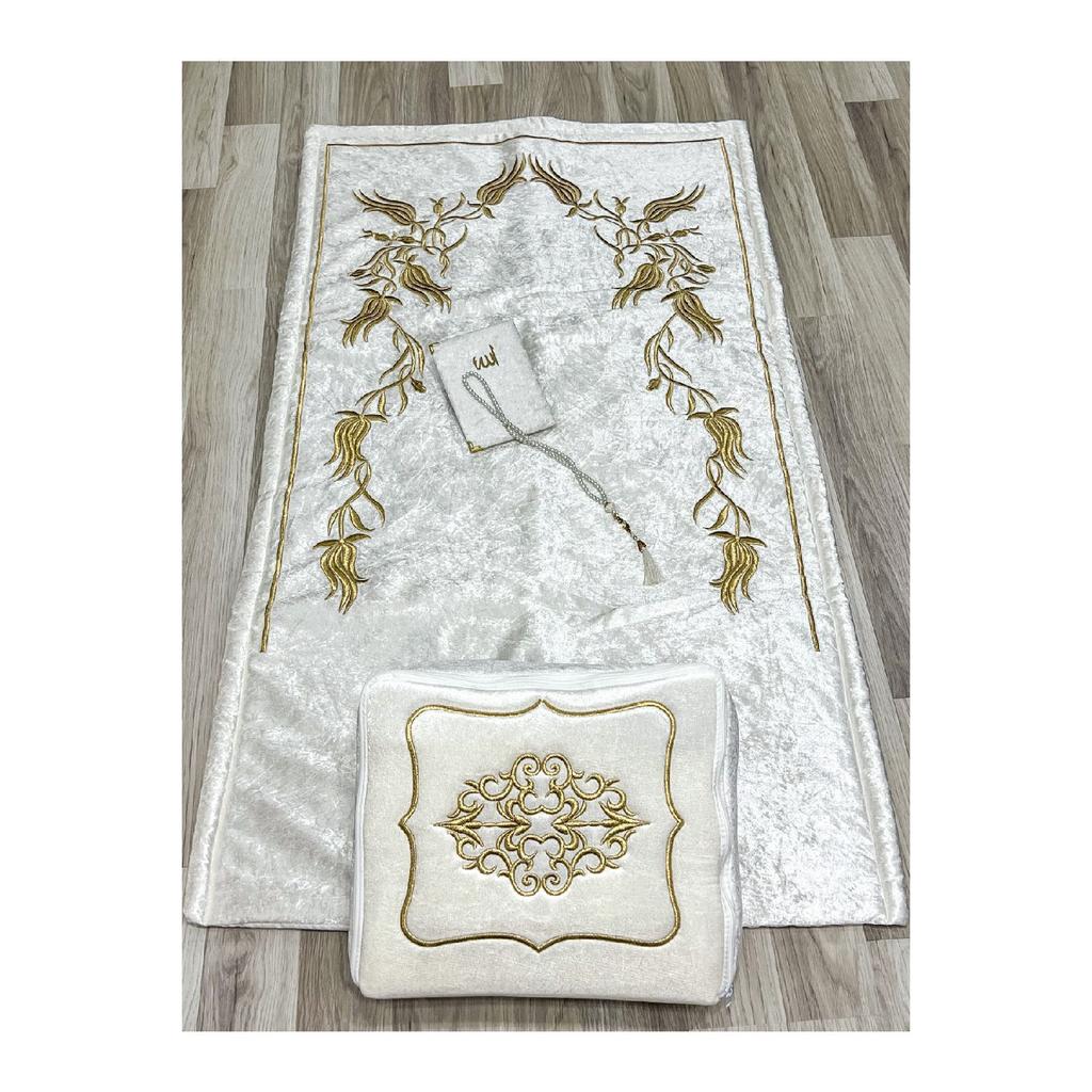 Srma Gold Embroidered Motif Velvet Saddle Bag, Velvet Prayer Rug, Yasin, Prayer Beads Dowry Set Of 4 Bundle Storage Bags