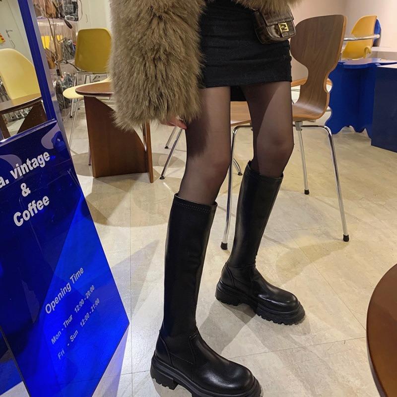 Cowhide Leather Boots Women Thick Legs Thick Bottom Small Back Zipper Knight Boots Tall Boots