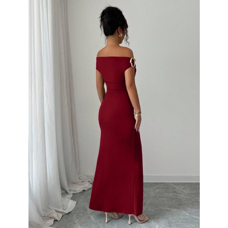 Women's Sexy Off Shoulder Metal Ring Detail Ruched Waist Bodycon Maxi Dress Fall Winter Elegant Evening Cocktail Wedding Guest Formal Gown