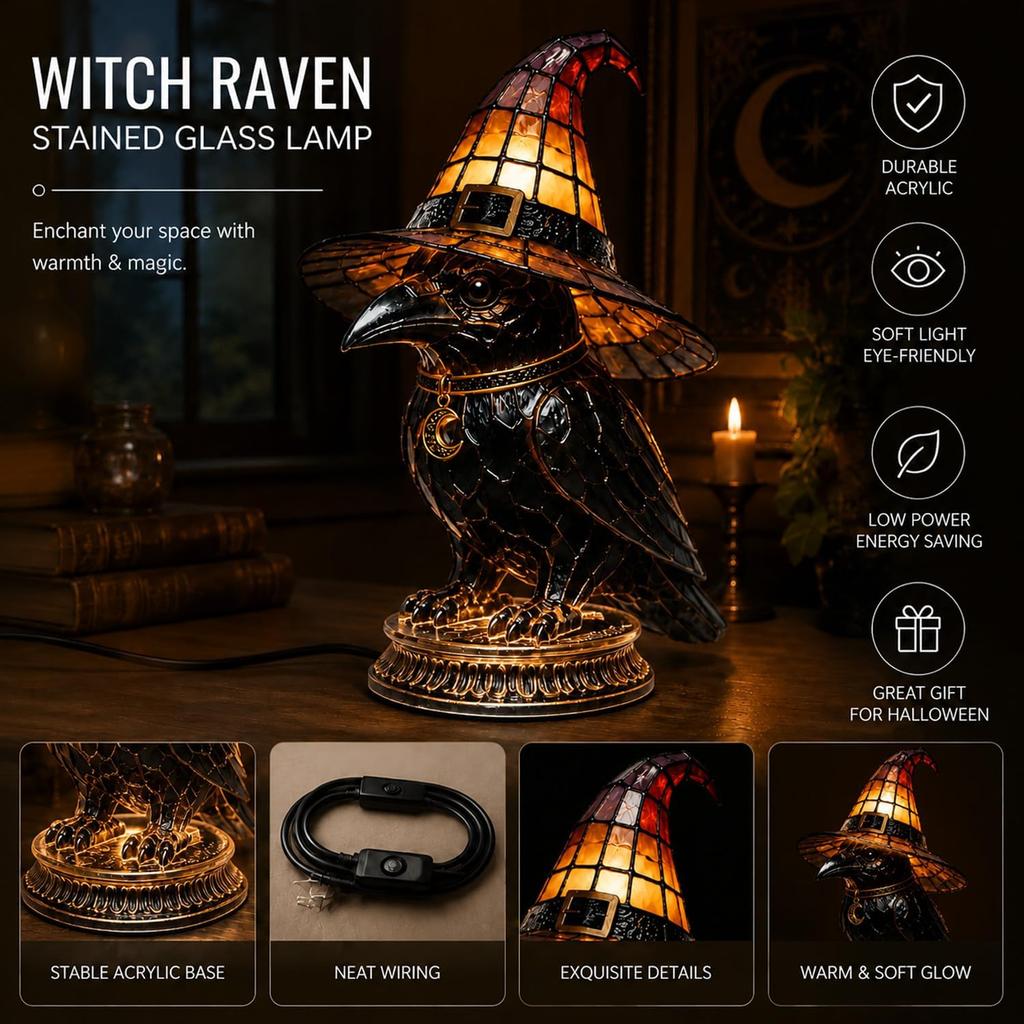 Handcrafted Stained Glass Style Gothic Wizard Accent Witch Hat Lamp Vintage Halloween Table Decor Night Light for Bedroom Bookshelf Room Aesthetics