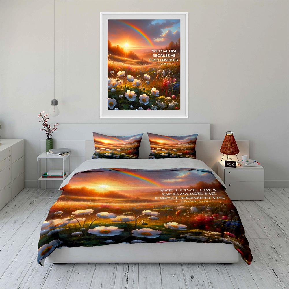 Rainbow Sunset Field with Bible Verse Bedding set (1 duvet cover, 2 pillowcases, duvet not included)
