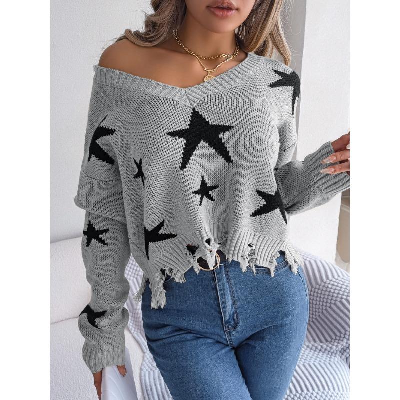 European American Style Casual V Neck Star Distressed Long Sleeve Knit Pullover Sweater Women S