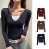Ladies Spring Autumn Long Sleeve Solid Color False Two-piece Bodycon T Shirt Top