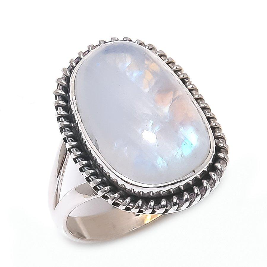 Подарочное кольцо из стерлингового серебра 925 пробы с натуральным радужным лунным камнем S.7 g2l02
