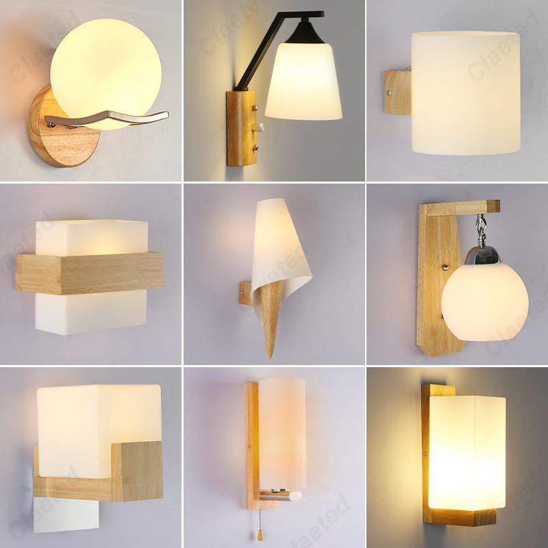 LED Glass Lampshade E27 Wooden Wall Lamp Bedroom Bedside Wall Lamp Home Living Room Bedroom Hallway Balcony Lighting Fixture