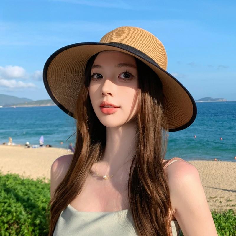 Летняя соломенная шляпа для женщин с широкими полями и ленточным бантом для пляжа и защиты от солнца