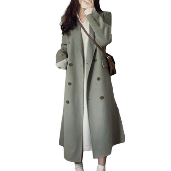Женское осенне-зимнее длинное шерстяное пальто с лацканами и длинными рукавами, двубортная верхняя одежда с карманами, однотонное теплое женское пальто
