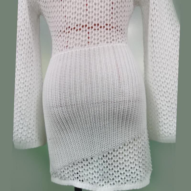 Bikini Cover Up Beach White Crochet Tunic Women Summer Knitted Bodycon Mini Dress See Through Elegant Hollow Out Sexy Party Dresses