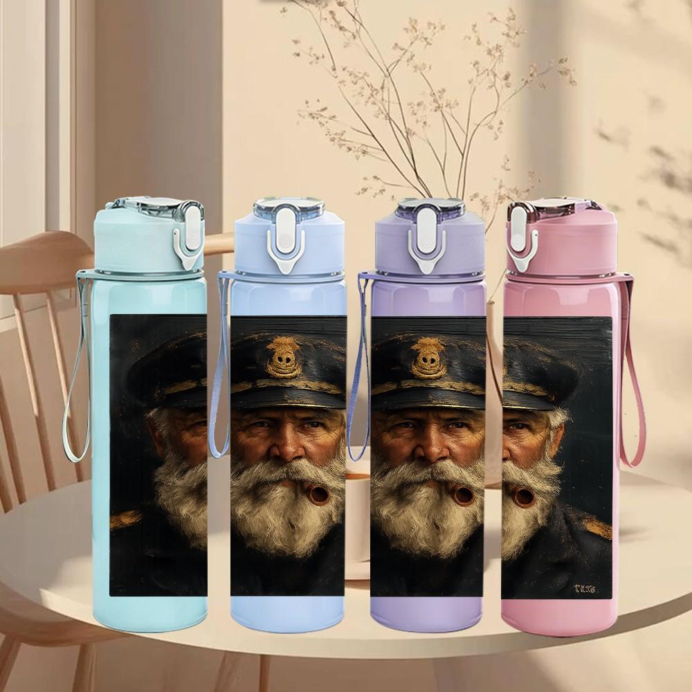 1PC Vintage Sea Captain Old Man Print 750ml Color Plastic Sports Water Bottle Leakproof Flip Straw Lid Suitable for Sports Office Home Use