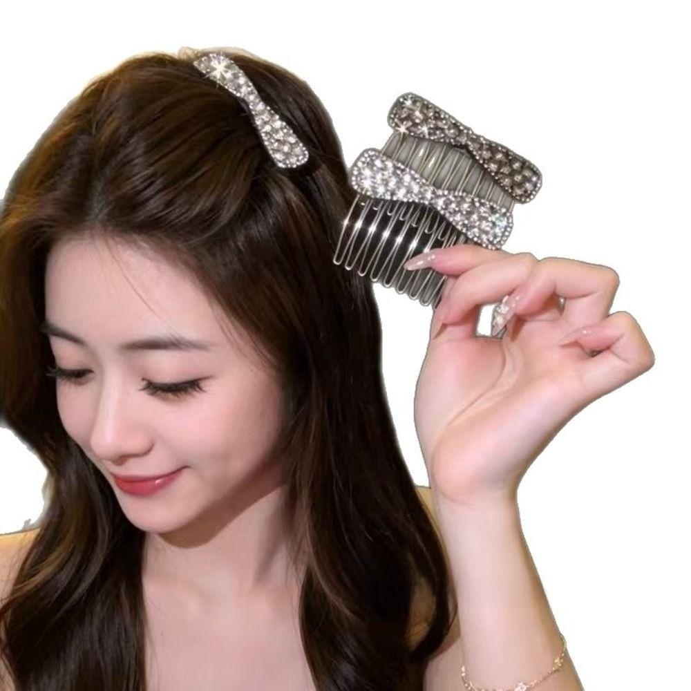 Reverse Insert Rhinestone Bow Hair Comb Silver Back-of-head Bun Hairbrush Weddings and Parties