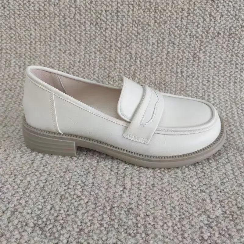 2023 Women's Beige Retro Round-Head Loafers - Thick Sole, Versatile British Style