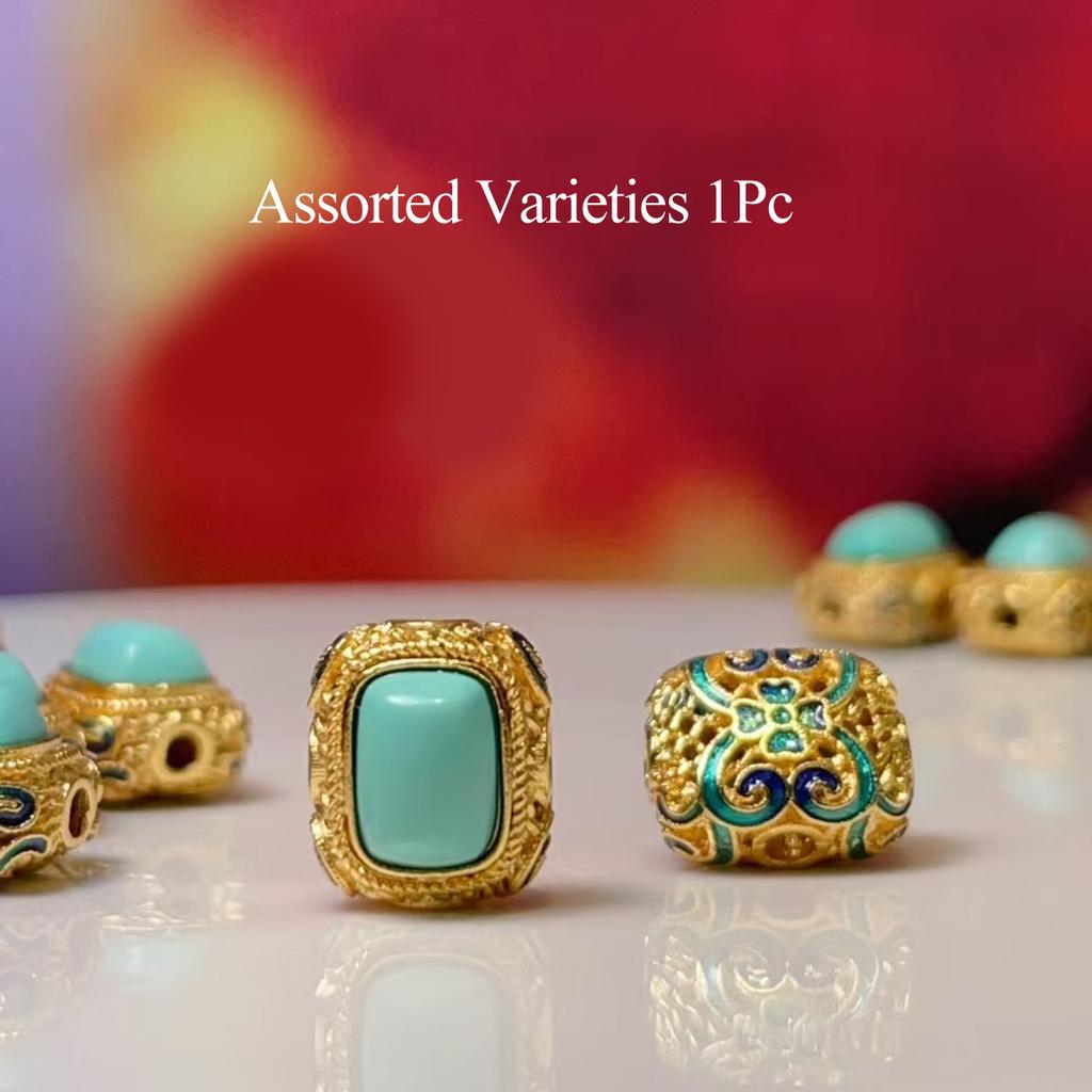 1Pc, Natural Stone Turquoise Aquamarine beads with hole, Boho handcrafted barrel-shaped beads accented with golden edges for Jewelry Making DIY