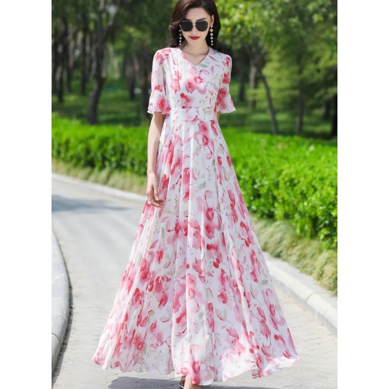 Женское летнее повседневное макси-платье из шифона с цветочным принтом, V-образным вырезом, оборками и короткими рукавами, с высокой талией