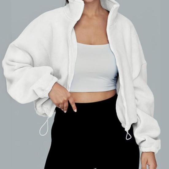 Женская флисовая куртка на молнии с коротким рукавом, зимнее укороченное пальто с длинным рукавом, кулиской по низу и воротником-стойкой