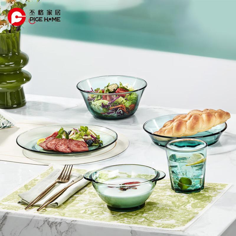 PIGE HOME High Borosilicate Glass Tableware Emerald Green Light Luxury Salad Bowl Dinner Plates Heat-resistant Glass Water Cups