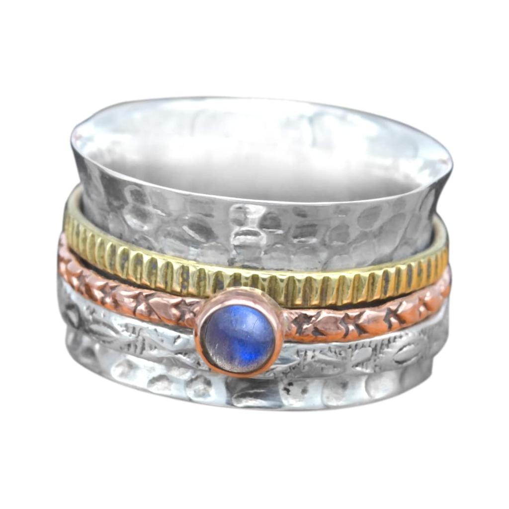 Sterling Silver Copper Brass Ring Round Cabochon Solid Sprinner Stone Ring Natural Labradorite Gemstone 6.5 Gms