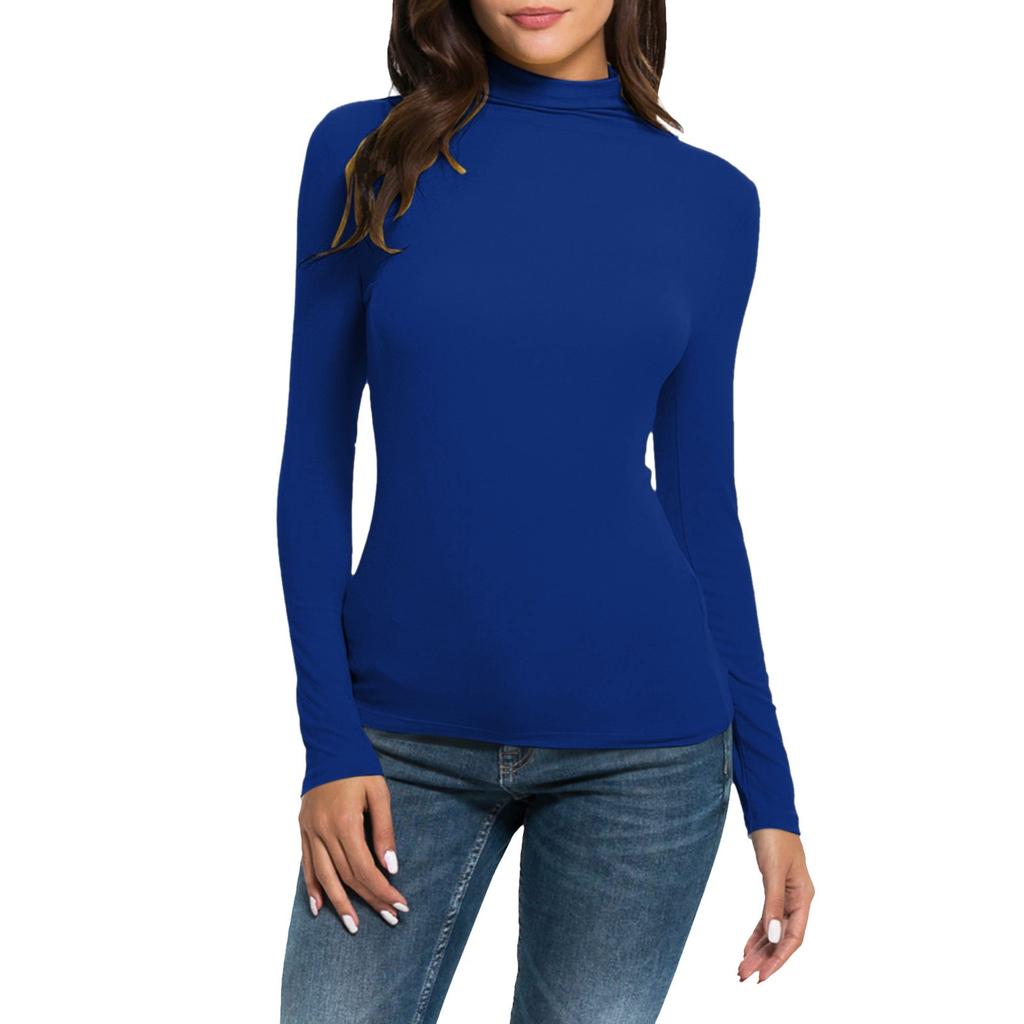 Women's Fashion Slim-Fit Stretch Base Layer Top Solid Colour Long-Sleeved Blouse